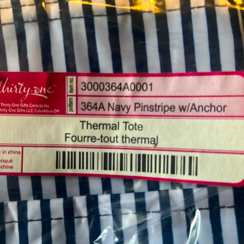 Thirty-One thermal tote in Navy stripe with an anchor
